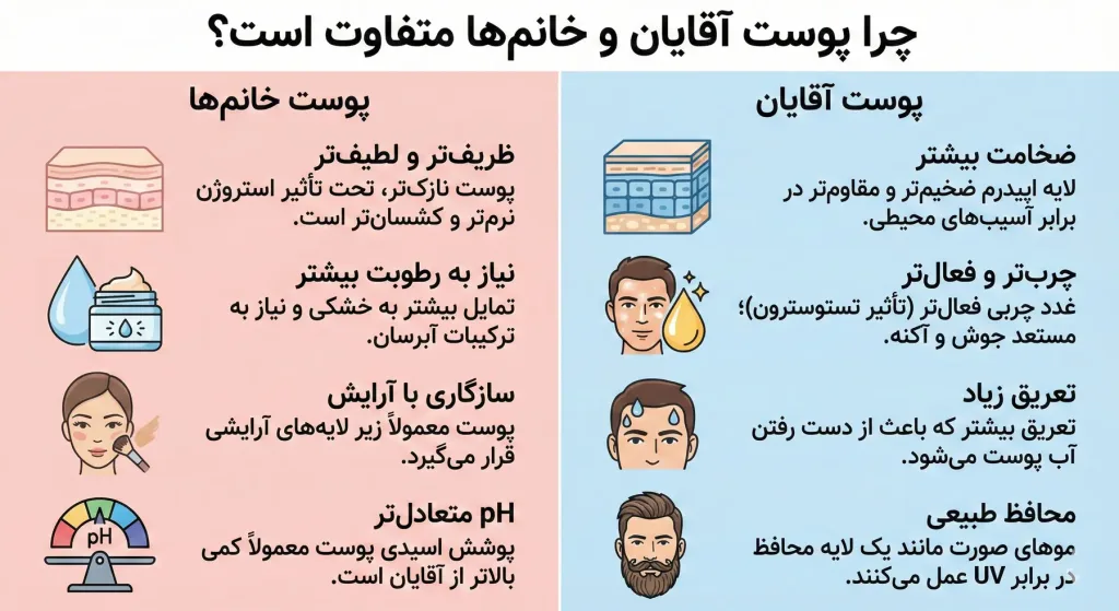 تصویر اینفوگرافیک تفاوت‌های پوست آقایان و خانم‌ها