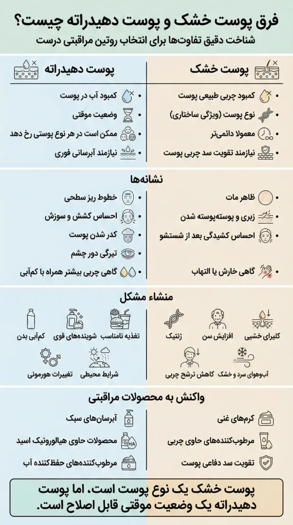 اینفوگرافیک تفاوت پوست خشک و دهیدراته
